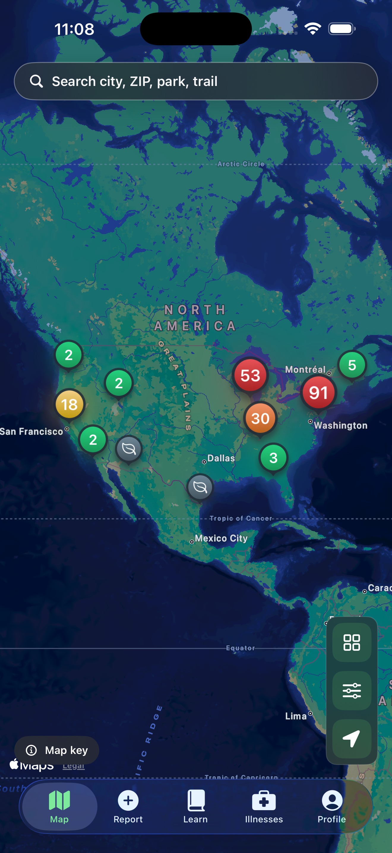 Tick Talk app map showing community tick activity across North America